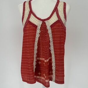Red Geometric Lace Trimmed Tank Top Boho Festival Indie Y2K Size L Hint of Mint